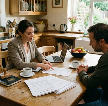 Mobile notary signing documents at a private home