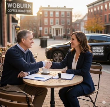Local mobile notary meeting a client in Woburn MA