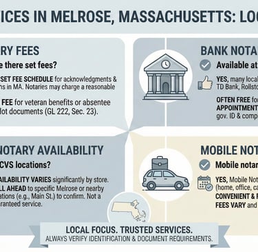 Notary services in Melrose Massachusetts showing common questions about notary fees banks CVS and mo
