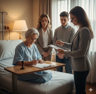 Notary verifying patient identity while witnessing document signing inside Lahey Hospital room