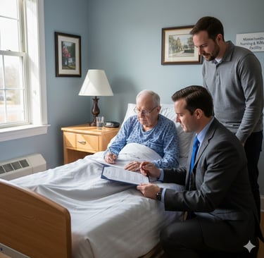 Mobile notary providing bedside notarization at a Massachusetts nursing home