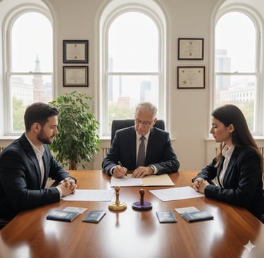 Notary public witnessing a will signing with two adult witnesses at a table
