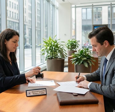 Bank notary public assisting a client with document notarization in Massachusetts
