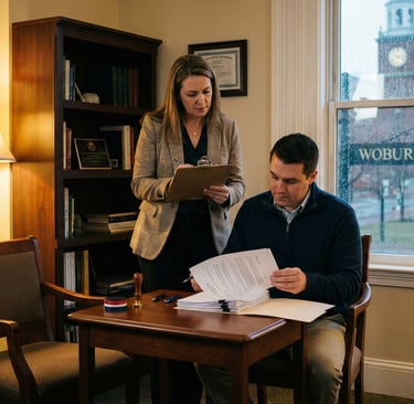 Mobile notary supervising a client signing documents during a late evening appointment in Woburn Mas