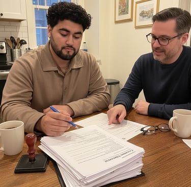 Refinance notary signing loan documents in a Boston home