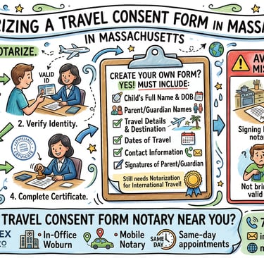 Notary public notarizing a travel consent form for a minor in Massachusetts