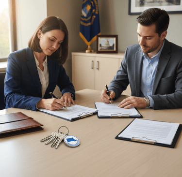 Real estate closing notary signing home purchase documents in Massachusetts