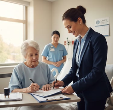 Mobile notary assisting a patient with bedside notarization at Lahey Hospital Burlington Massachuset