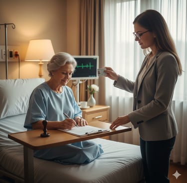 Mobile notary assisting a patient with hospital bedside document signing