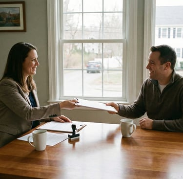 Mobile notary handing documents to a client in Woburn, Massachusetts during an in-home notarization.
