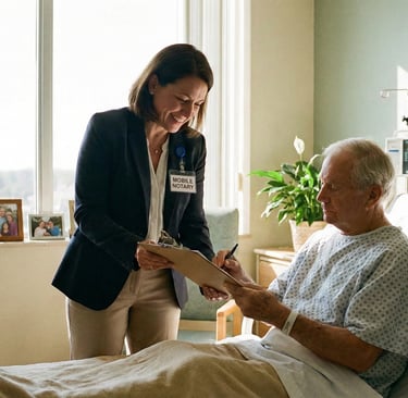 Mobile notary helping a patient sign legal documents in a hospital bed with family nearby.