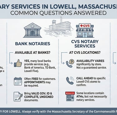 Notary services in Lowell Massachusetts showing common questions about notary fees banks CVS and mob