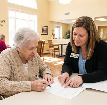 Notary assisting senior client at nursing facility in Melrose