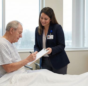 Mobile notary standing beside a hospital bed while a patient signs legal documents.