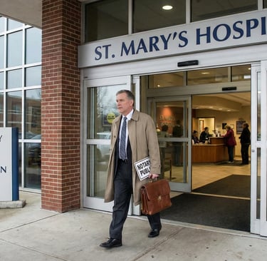Notary walking into a hospital with a briefcase