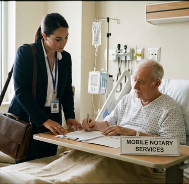 Mobile bedside notary helping a hospital patient sign a legal document at the bedside.