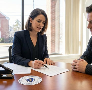 Mobile notary public in Woburn Massachusetts notarizing documents at an office table with official n