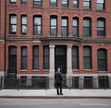 a man standing on a sidewalk in front of a building in boston