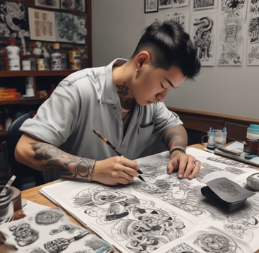 A collection of hand-printed clothing items featuring old school tattoo designs.
