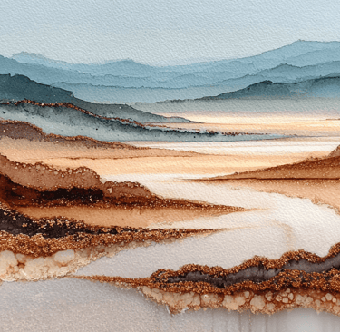 watercolor desert landscape with layered bands of ochre, rust, and charcoal tones