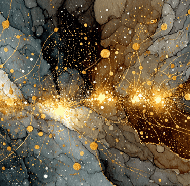 watercolor of dark stone textures illuminated by radiant gold splashes and constellations