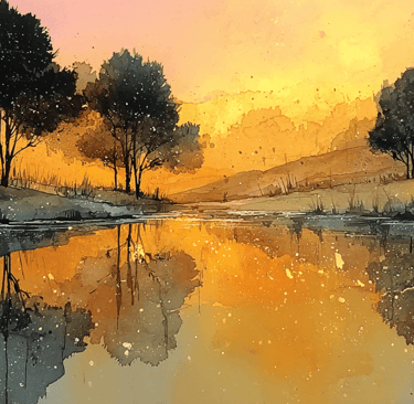 watercolor sunset with warm apricot, gold, and charcoal tones
