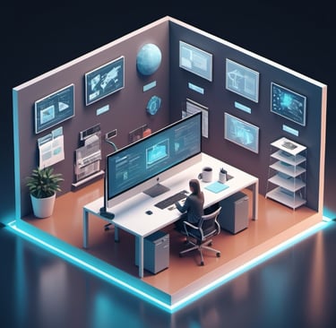 A office with someone working on their computer managing cyber security.
