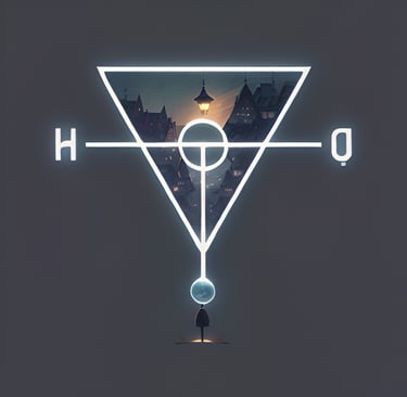 a man standing in front of a triangle symbol with houses inside