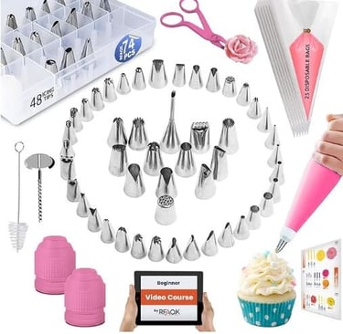 RFAQK 74 PCs Icing Piping Bags and Tips Set, Cake Decorating Kit with 48-Numbered Piping Tips, 20+1 