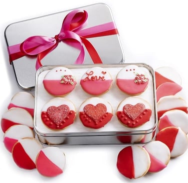 Gourmet Happy Valentines Day Cookie Gift Basket, Hand Decorated colored Black And White Cookies