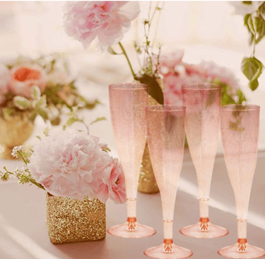 Homy Feel Rose Gold Glitter Plastic Rose Gold Wine Glasses 30 Pack,6.5 OZ Champagne Flutes Disposabl