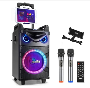 Moukey Karaoke Machine, 10" Woofer Portable PA System, Bluetooth Speaker with 2 Wireless Microphones