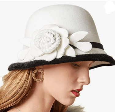 Women's Cloche Hat 1920s Winter Bucket Hat Vintage Church Elegant Flower Off White with Black Trim