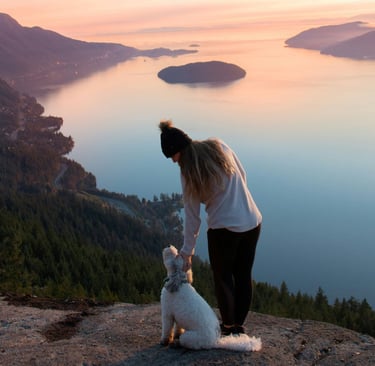 Nainen ja koira katsovat yhdessä upeaa maisemaa kalliolta, symboloiden syvää natural awareness :ia
