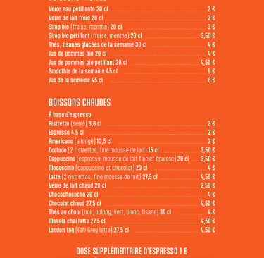 Tarifs des boissons froides et chaudes de Marelle et Tablier