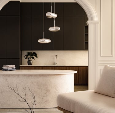 salon avec lustre chromé minimaliste et tendance marbre et bois