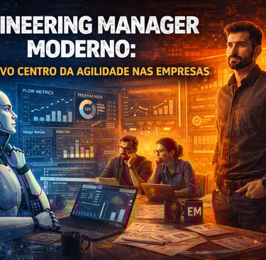 Engineering Manager liderando time ágil com apoio de IA e análise de métricas em ambiente de tecnolo
