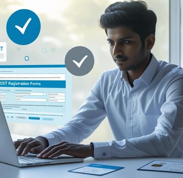 Indian businesswoman applying for GST registration online using a laptop in a professional office se