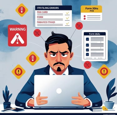 “A stressed Indian taxpayer sitting in front of a laptop, surrounded by floating icons of tax forms,