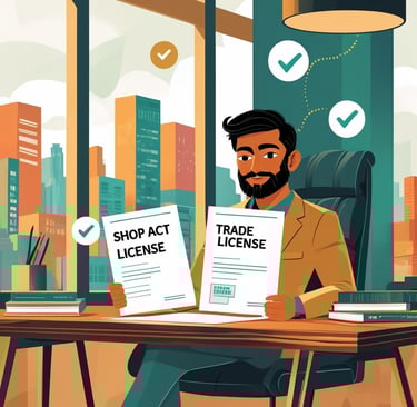 aan-indian-entrepreneur-at-a-desk-with-two-documents-in-hand-one-labeled-ashop-act-licensea-and-the-