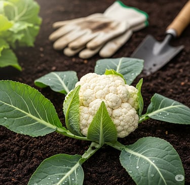 A vibrant, healthy cauliflower head with large green leaves, still growing in a bed of dark, rich so