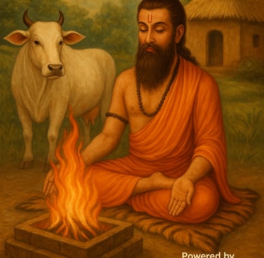 "ऋषि यज्ञ में पंचगव्य का प्रयोग करते हुए – वैदिक दृश्य"2