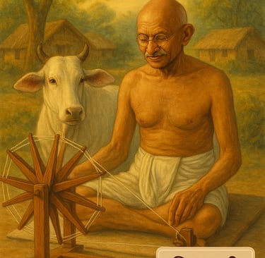 “A soft and spiritual Indian-style painting of Mahatma Gandhi sitting peacefully in a Gau Seva Ashram beside a white cow, spi