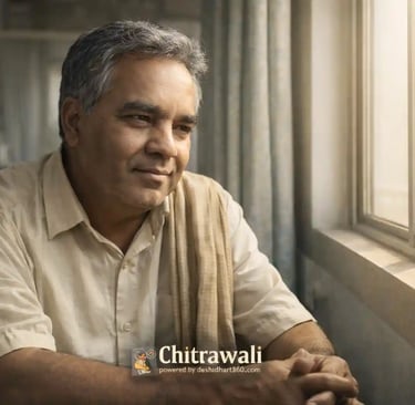 Middle-aged Indian man sitting by a hospital window with soft sunlight, thoughtful expression, subtle medical setting.