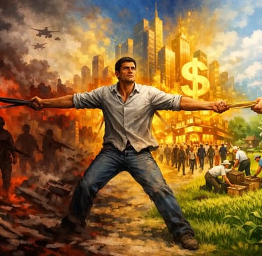 “एक प्रतीकात्मक चित्र जिसमें बीच में एक साधारण व्यक्ति खड़ा है, तीन दिशाओं में खिंचता हुआ। बाईं ओर य