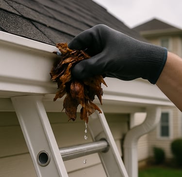 Hand removing leaves and debris from clogged gutter during gutter cleaning in Corsicana TX