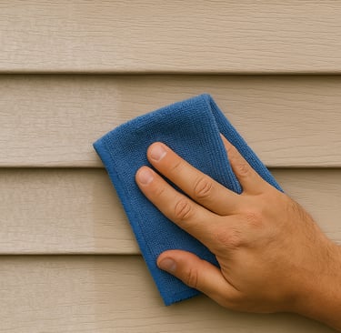 Hand wiping oxidation off vinyl siding with cloth, showing chalky vs restored contrast