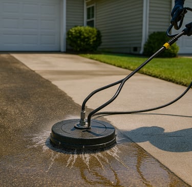 Professional pressure washing with a surface cleaner cleaning a dirty concrete driveway in Corsicana
