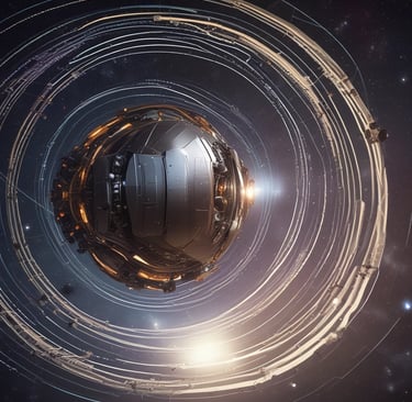 A large spacecraft is displayed inside a spacious museum hangar, showcasing its massive engines from a rear view. The interior architecture features a high ceiling with geometric patterns, and visitors are seen observing the exhibit.