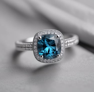 A close-up view of a luxurious diamond engagement ring set on top of a wedding band. The central diamond is a large, square cut, flanked by smaller round diamonds set into the gold band. The background is blurred, emphasizing the elegant details and sparkle of the jewelry.